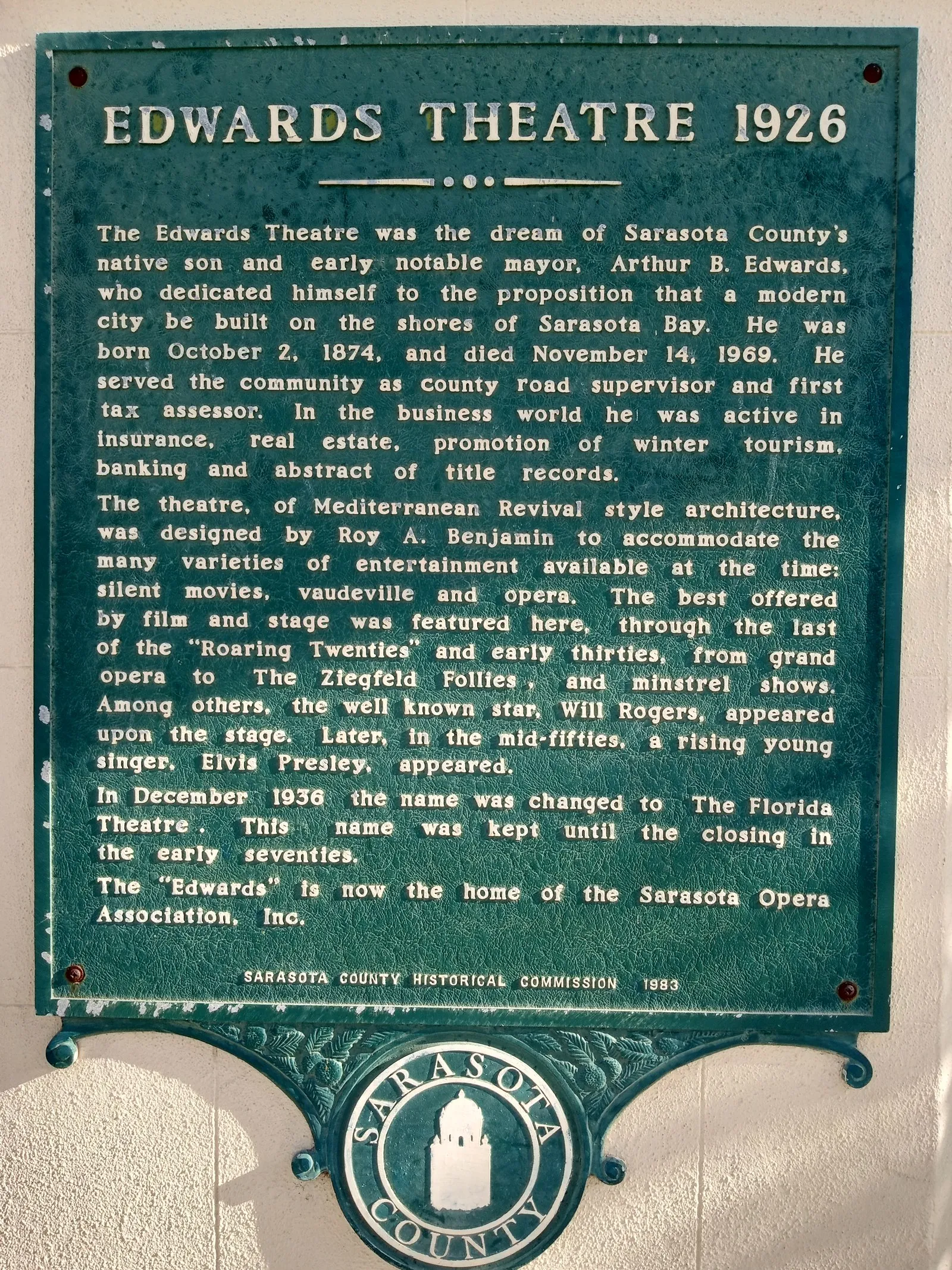 Sarasota County Historical Commission plaque on the Opera House: Edwards Theatre, 1926